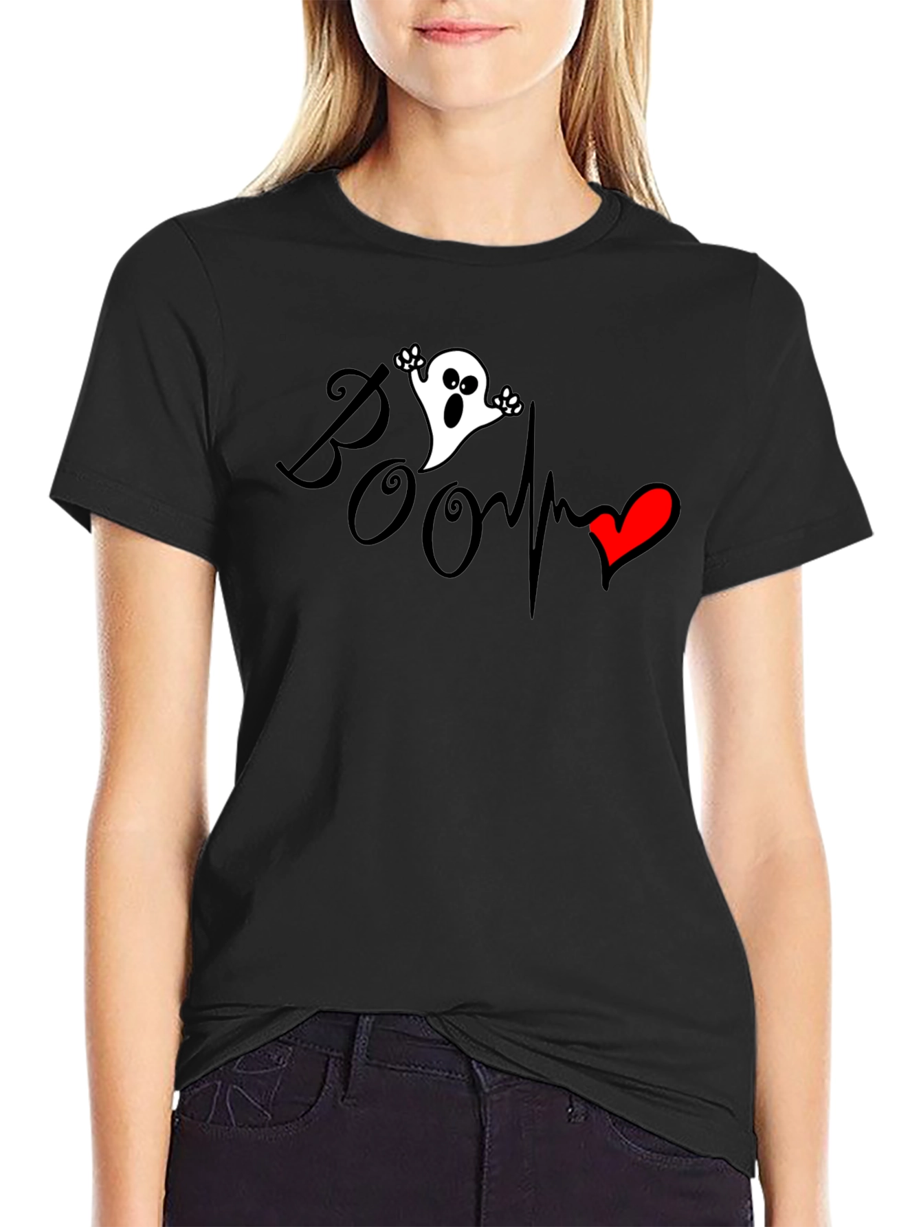 Boo Ghost Heartbeat Graphic Tee - Spooky Season Fashion
