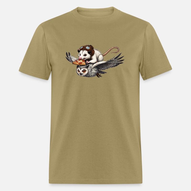 Funny Opossum Riding an Owl While Eating Pizza