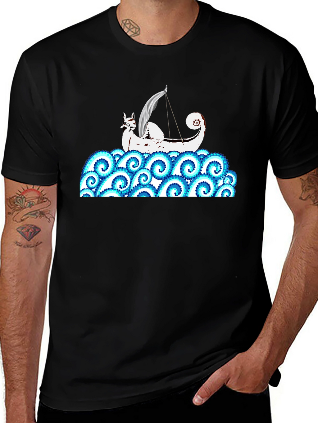 Viking Ship Kraken Wave T-Shirt - Black
