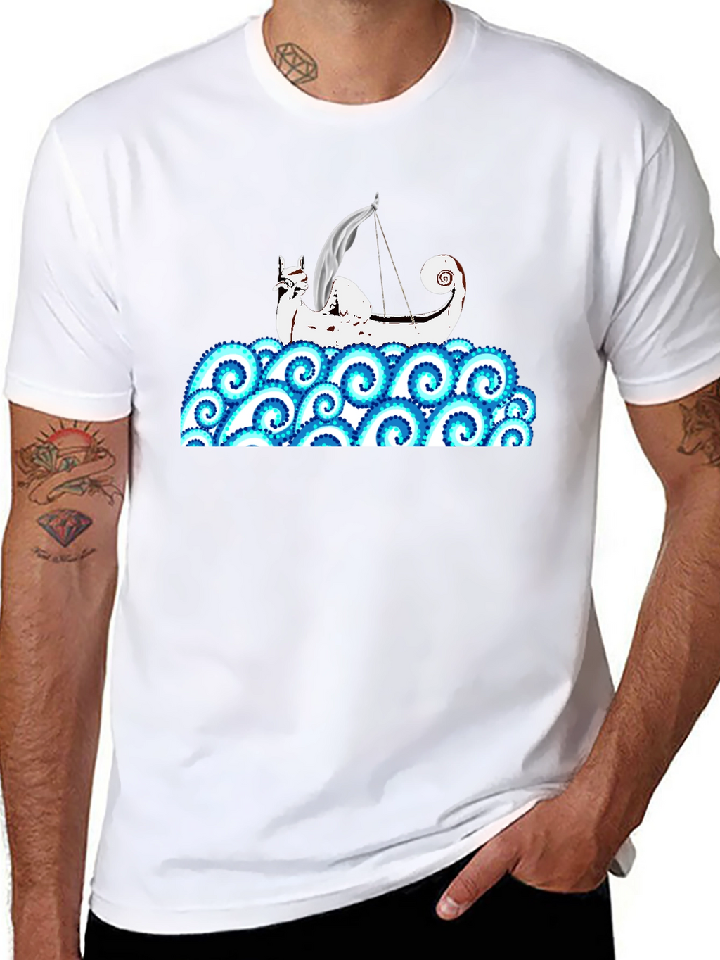 Viking Ship Kraken Wave T-Shirt - Black