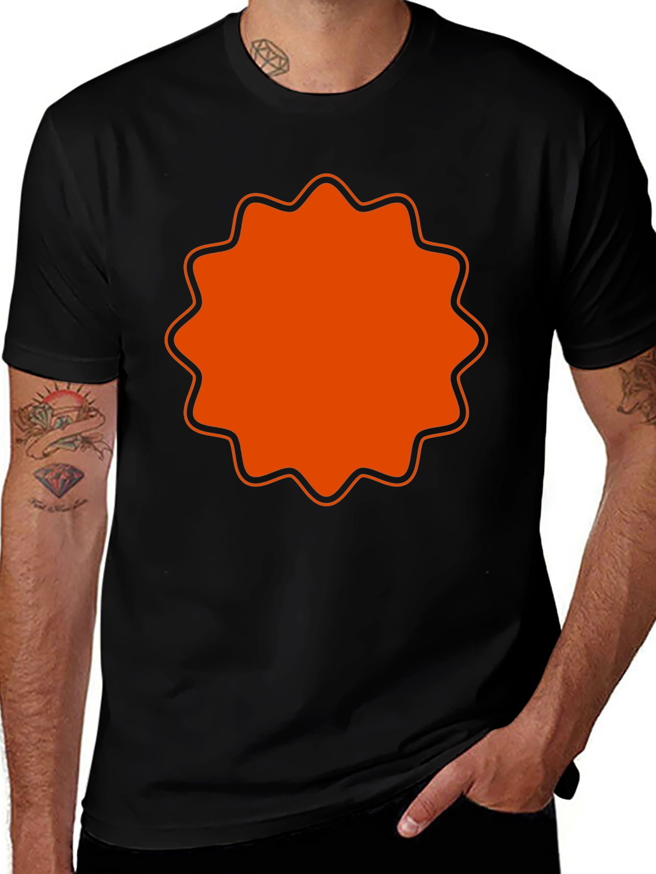 Mens Black T-Shirt with Orange Starburst Design