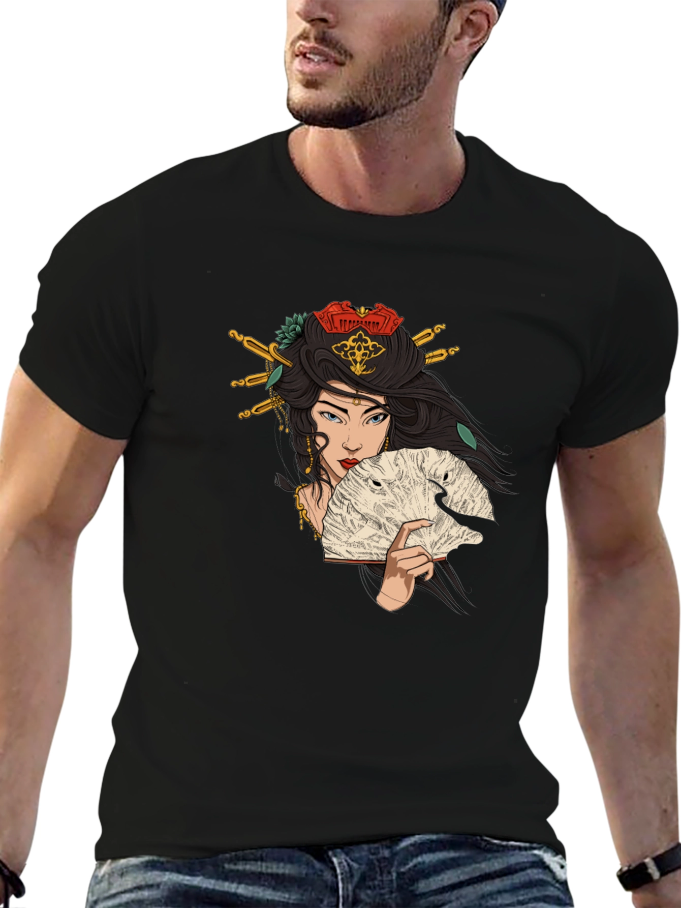 Geisha Art Graphic T-Shirt - Black