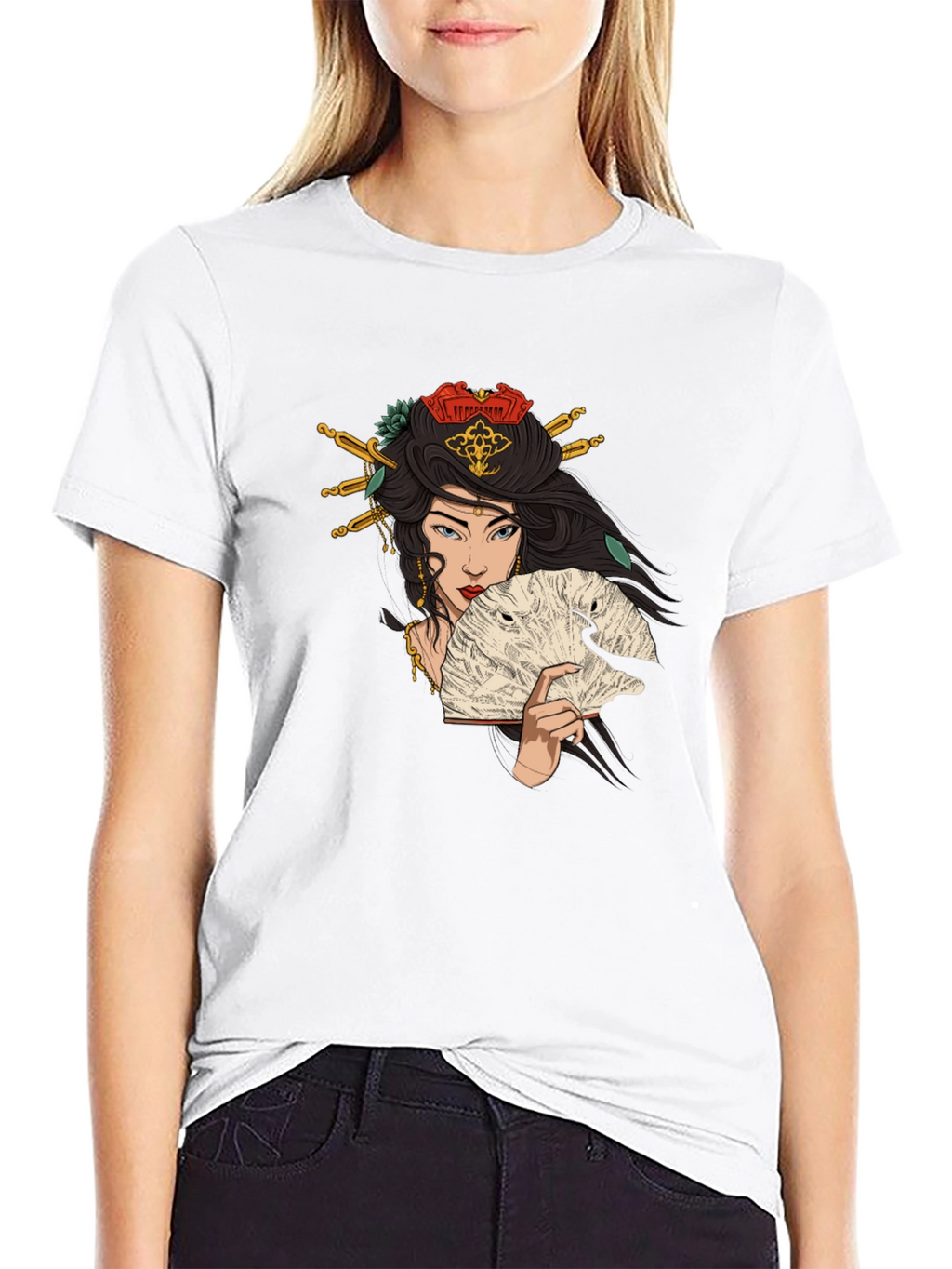 Geisha Art Graphic T-Shirt - Black