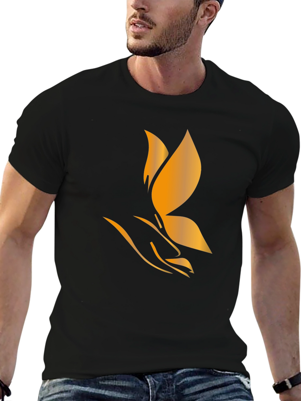 Black T-Shirt with Golden Flower Design