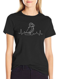 Puffin Heartbeat Line Art Black T-Shirt