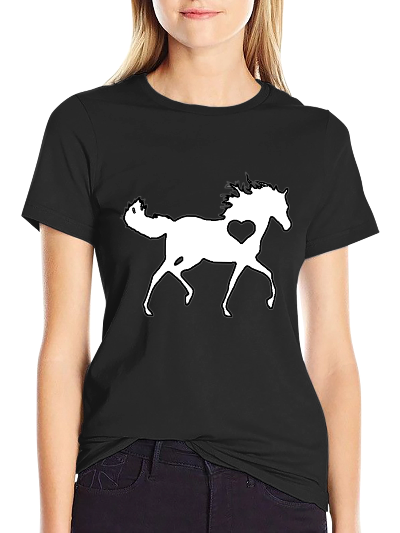 Horse Lover Tee: Black T-Shirt with Heart Horse Graphic