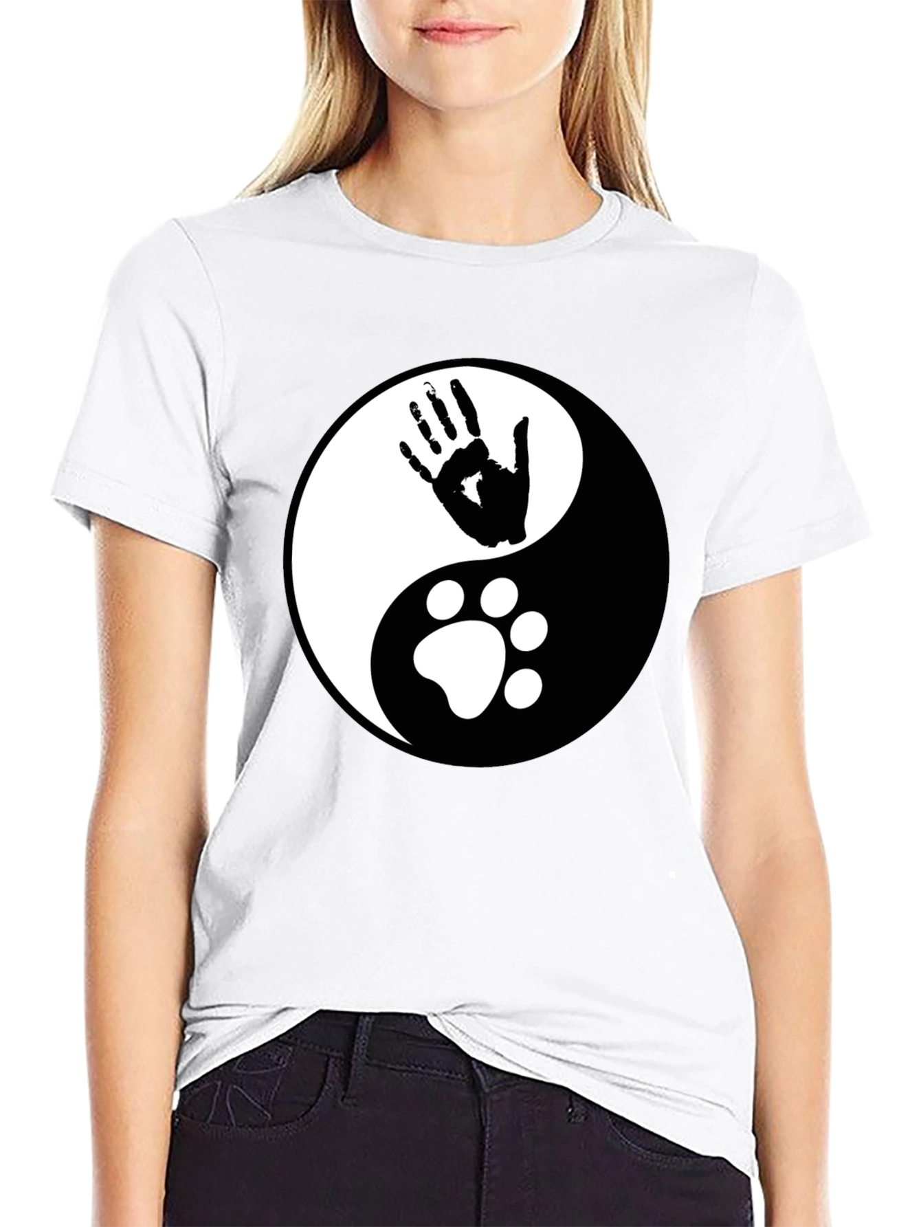 Yin Yang Hand & Paw Print Black T-Shirt