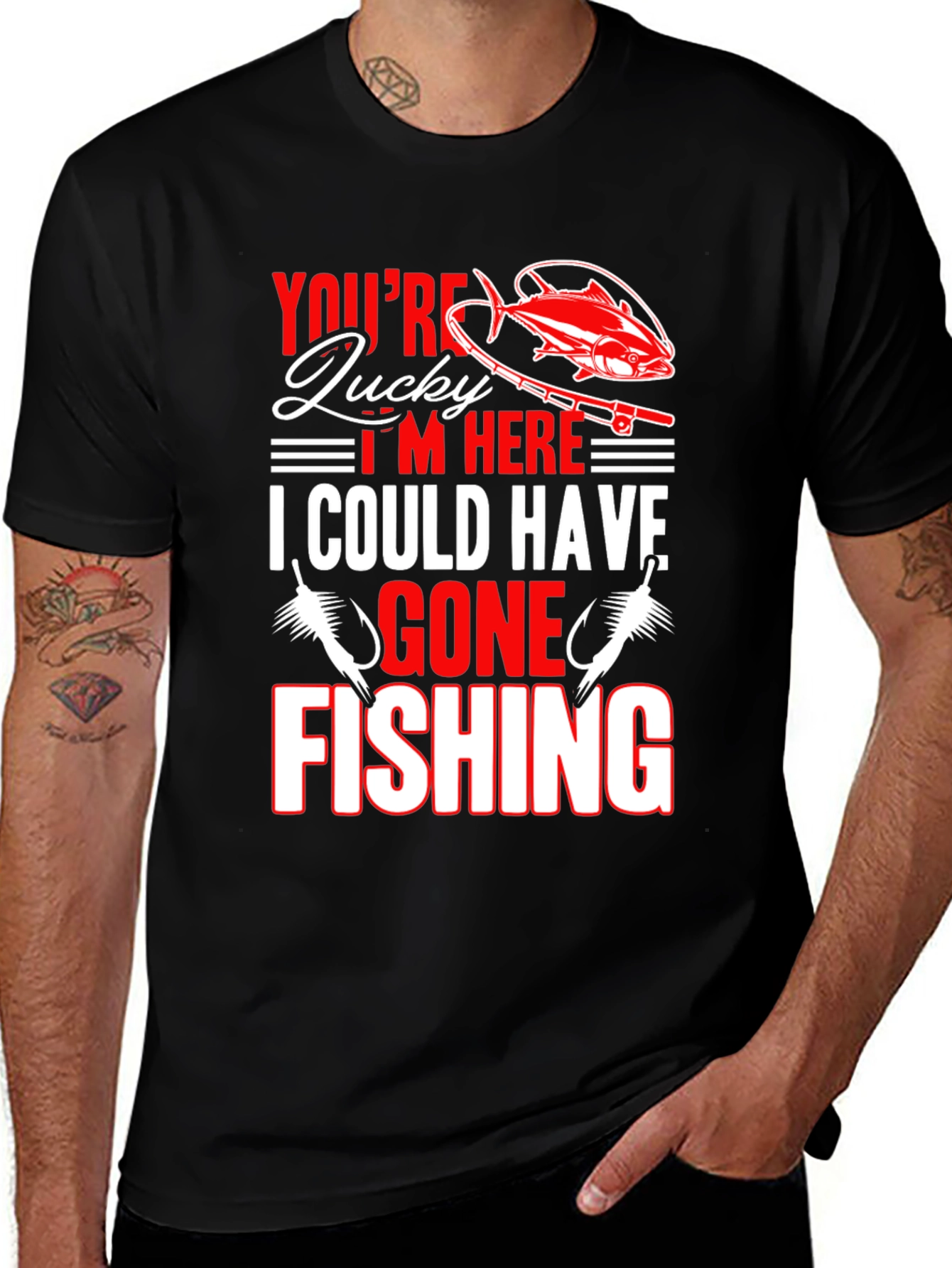 Lucky Fishing Graphic Tee - Black Cotton Blend