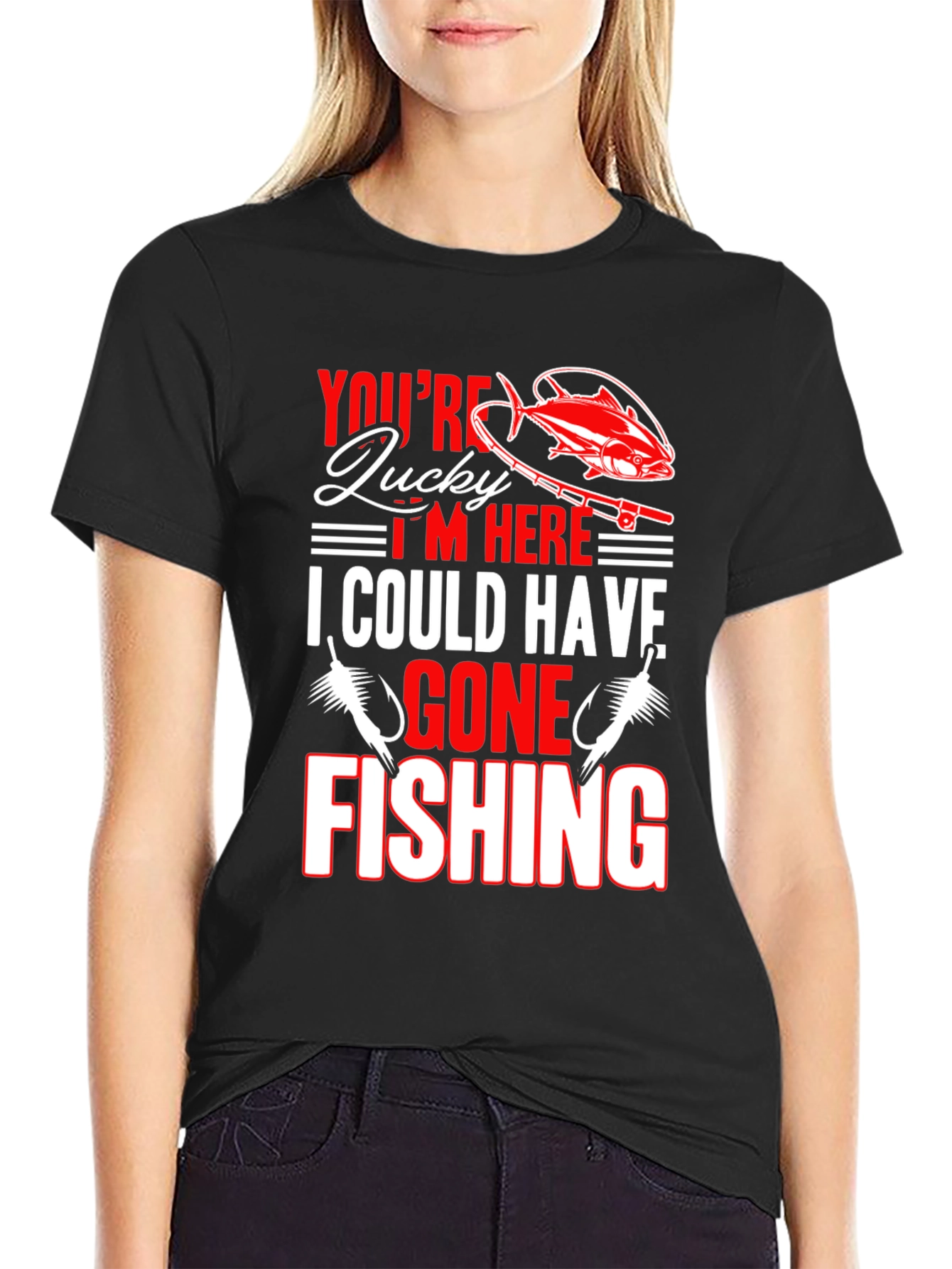 Lucky Fishing Graphic Tee - Black Cotton Blend