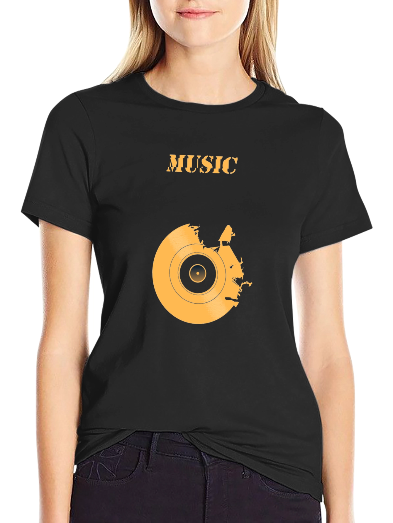 Music Vinyl Record Graphic Print Black T-Shirt