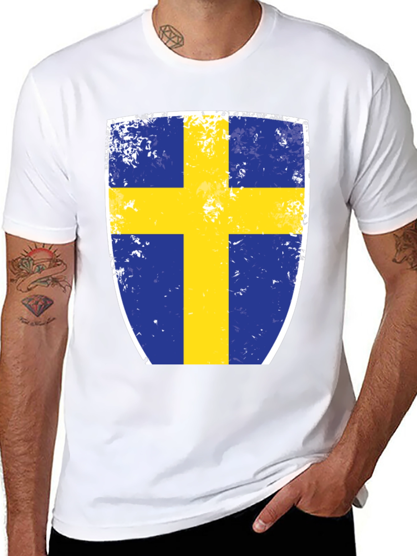 Sweden Flag Shield Graphic Tee - Distressed Look