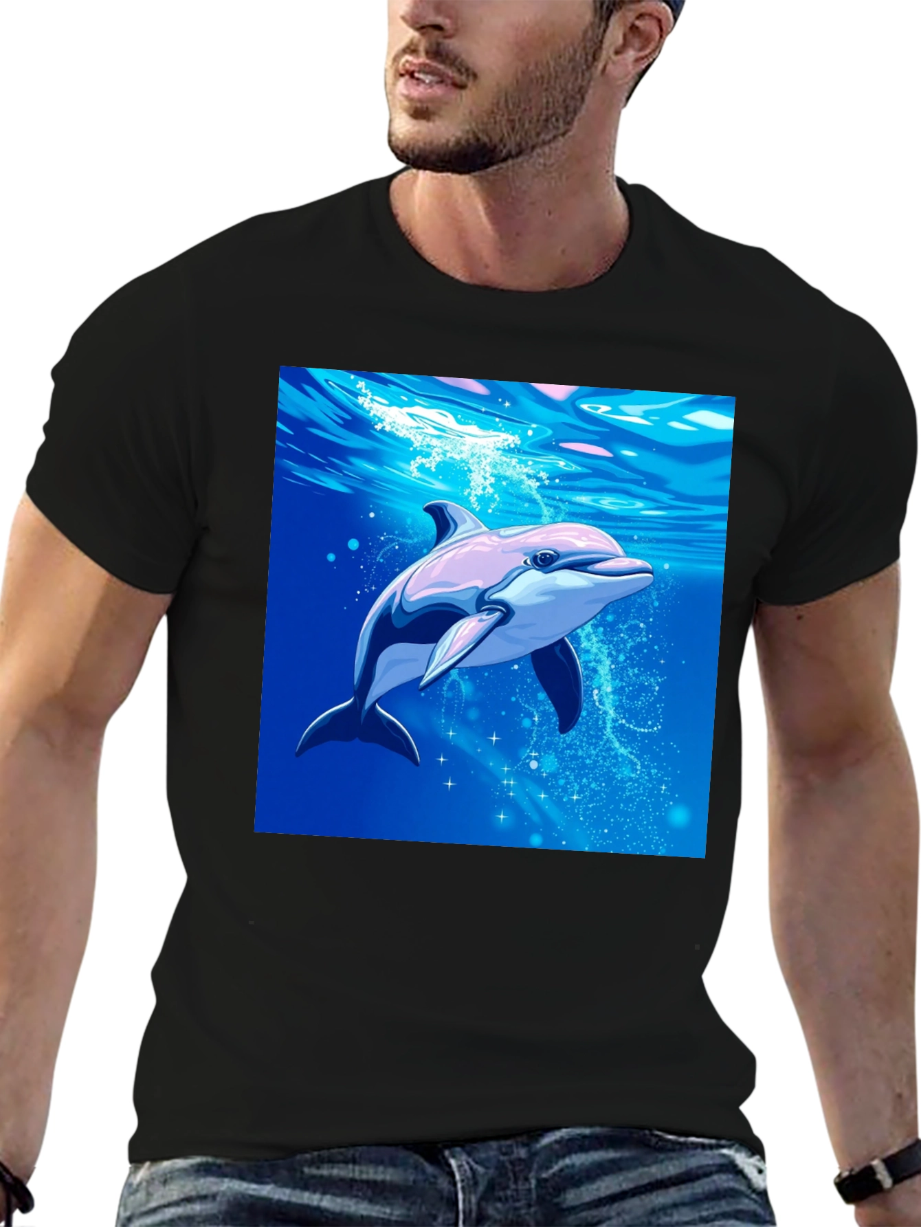 Dolphin Graphic Tee - Black Cotton Blend Casual Wear