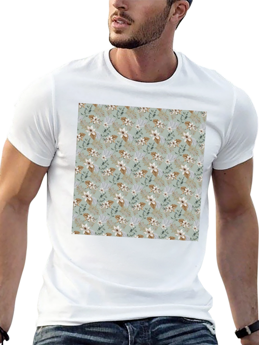 Floral Pattern Mens Black T-Shirt