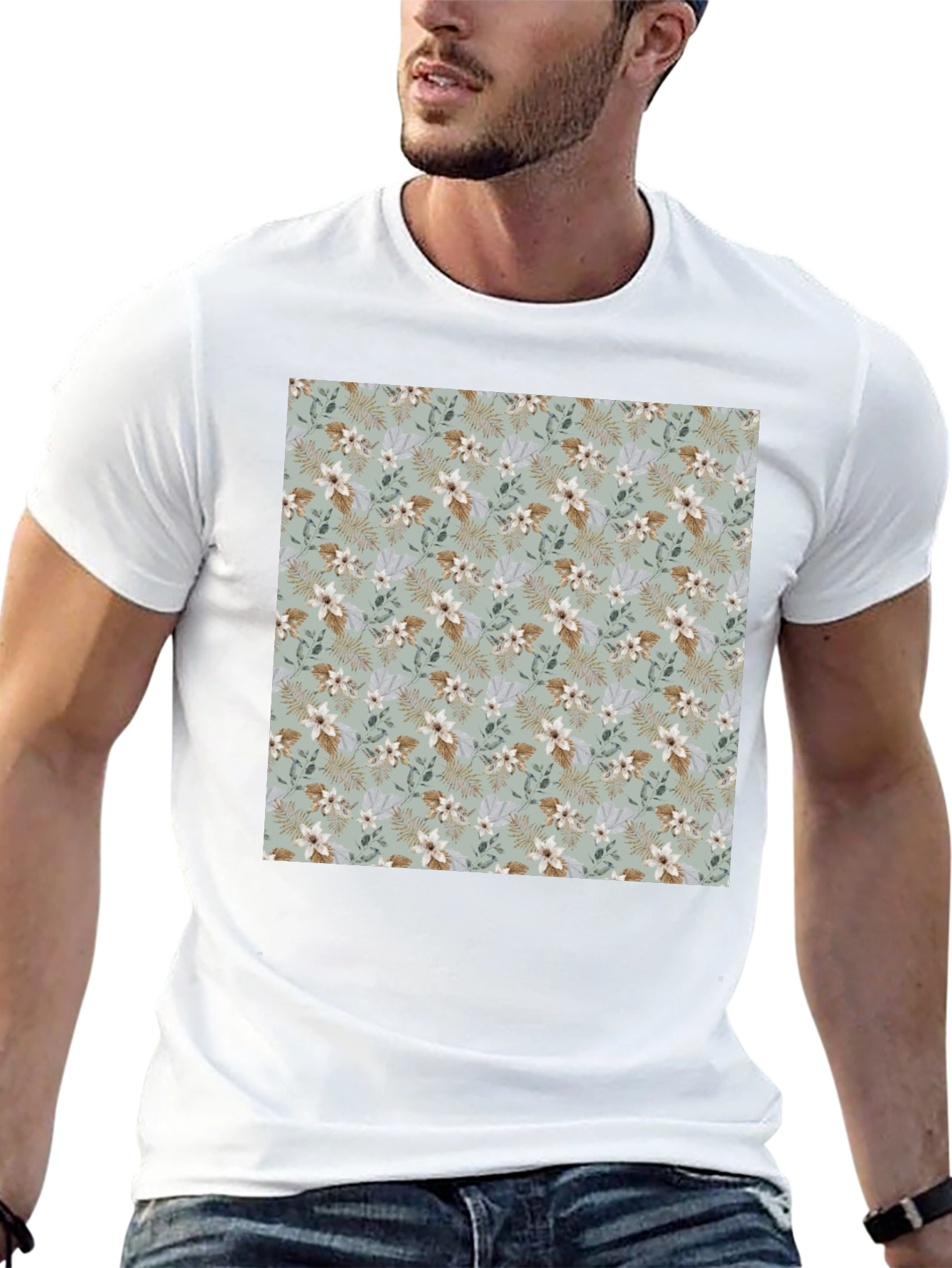 Floral Pattern Mens Black T-Shirt