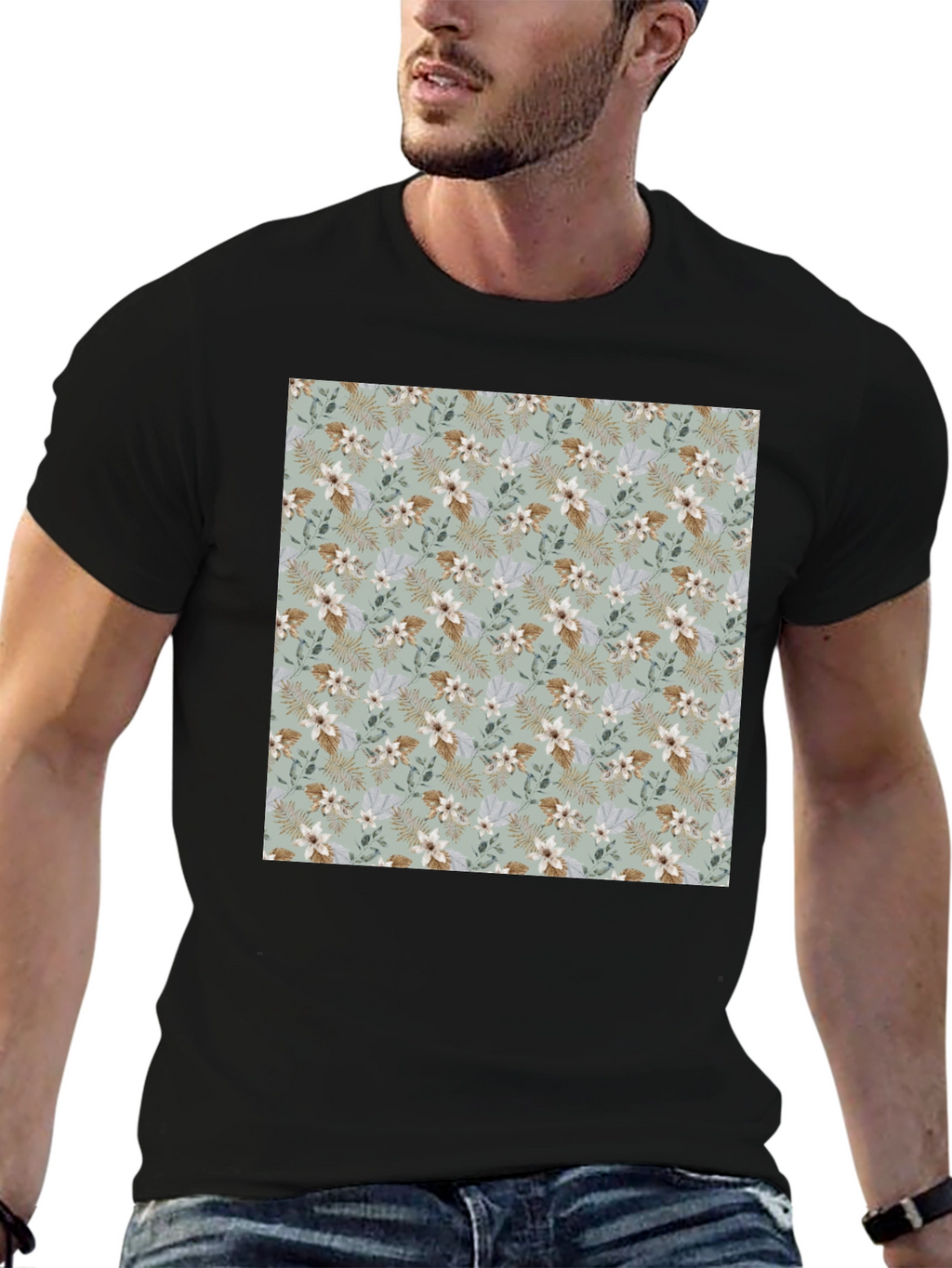 Floral Pattern Mens Black T-Shirt