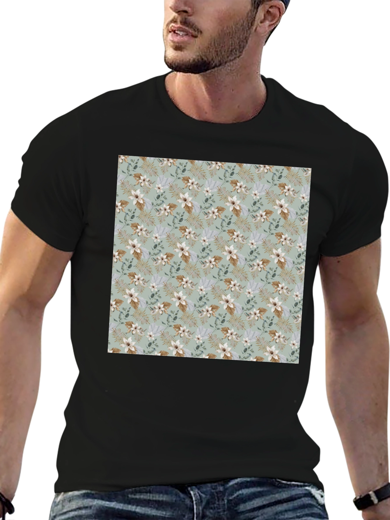 Floral Pattern Mens Black T-Shirt