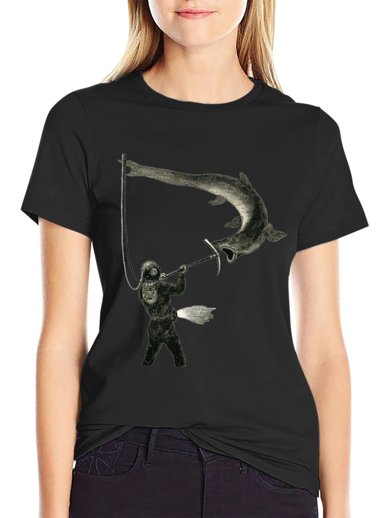 Vintage Diver Fighting Fish Graphic T-Shirt