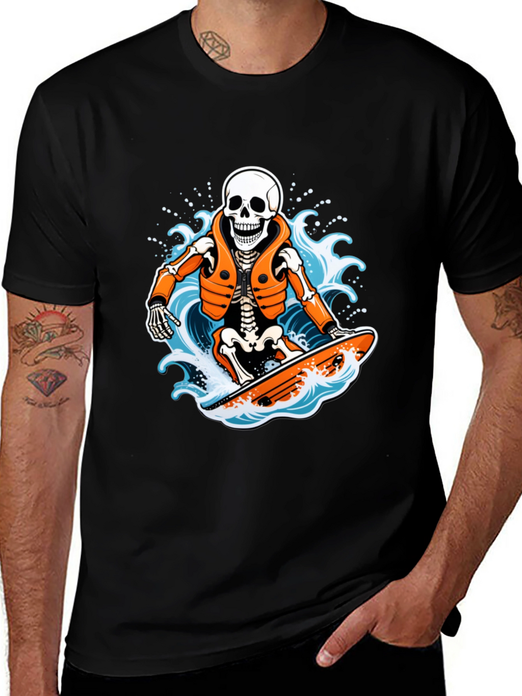 Skeleton Surfer Graphic T-Shirt - Black