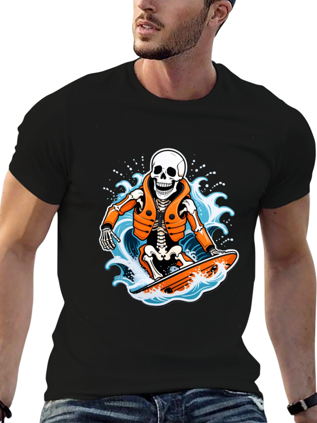 Skeleton Surfer Graphic T-Shirt - Black
