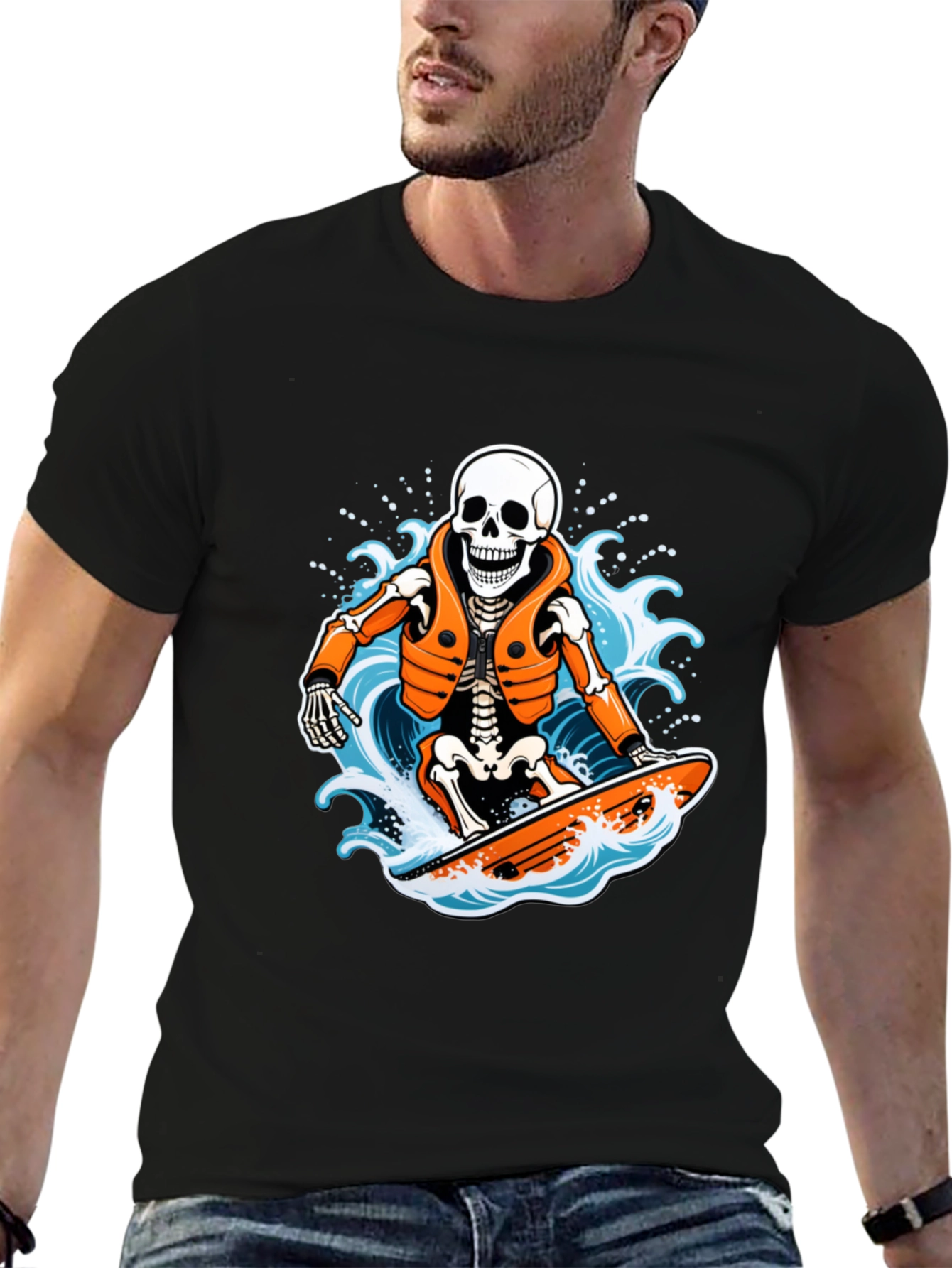 Skeleton Surfer Graphic T-Shirt - Black