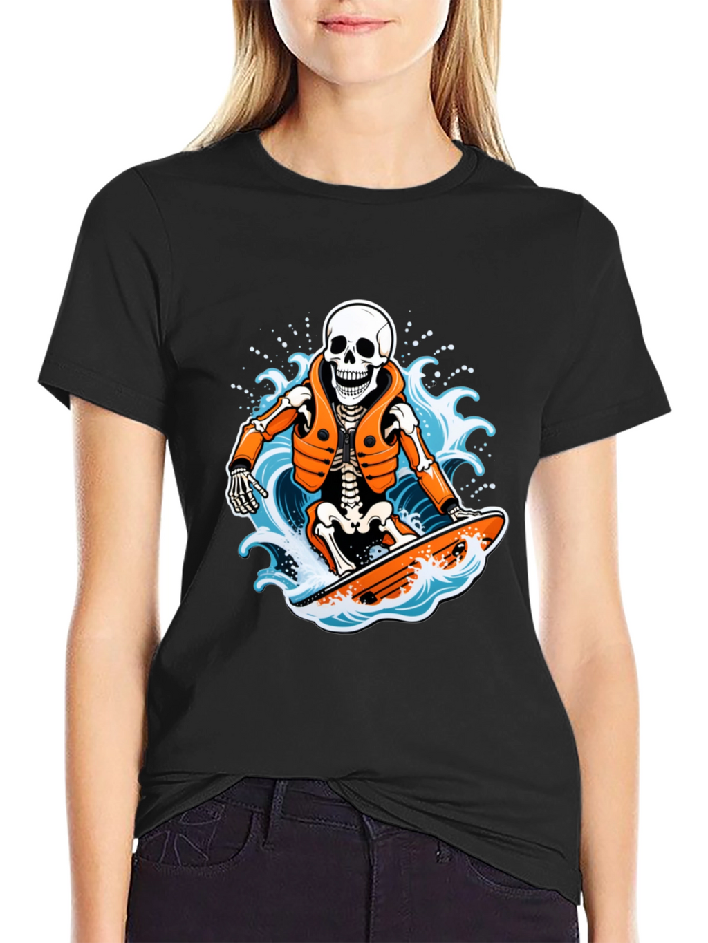 Skeleton Surfer Graphic T-Shirt - Black