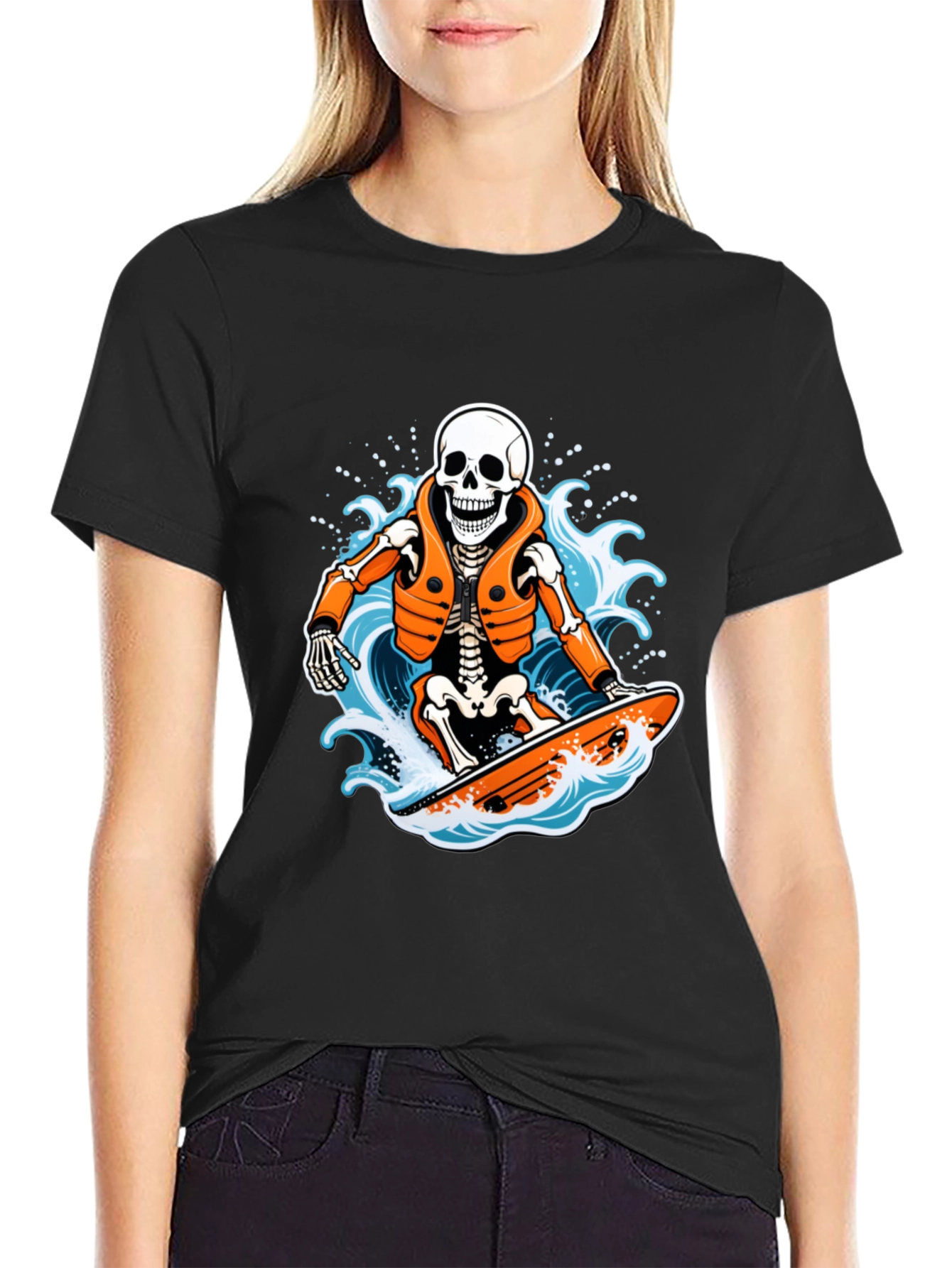Skeleton Surfer Graphic T-Shirt - Black
