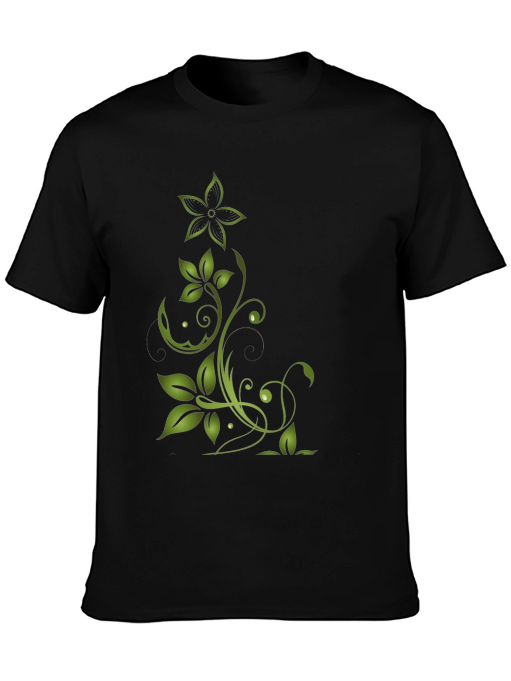 Green Floral Design Black T-Shirt