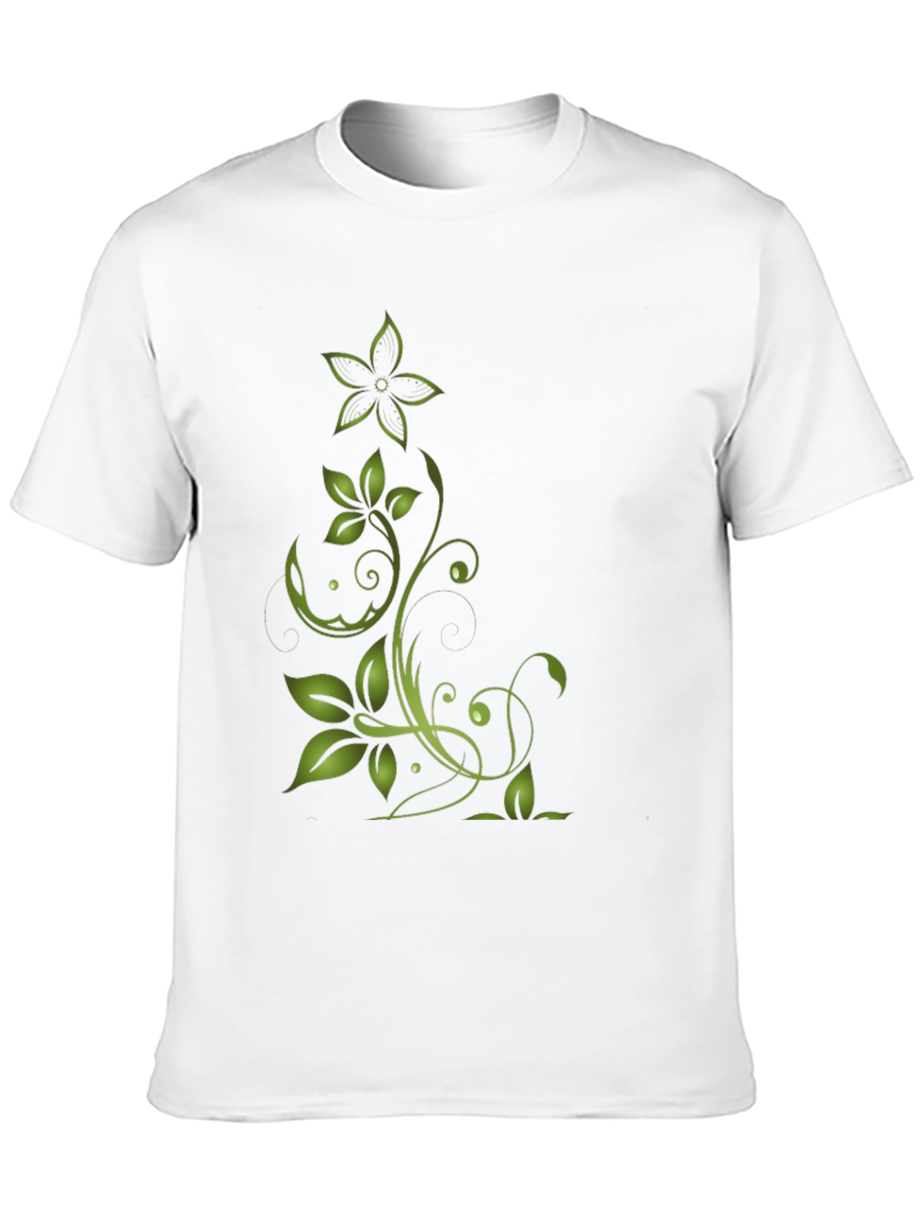 Green Floral Design Black T-Shirt