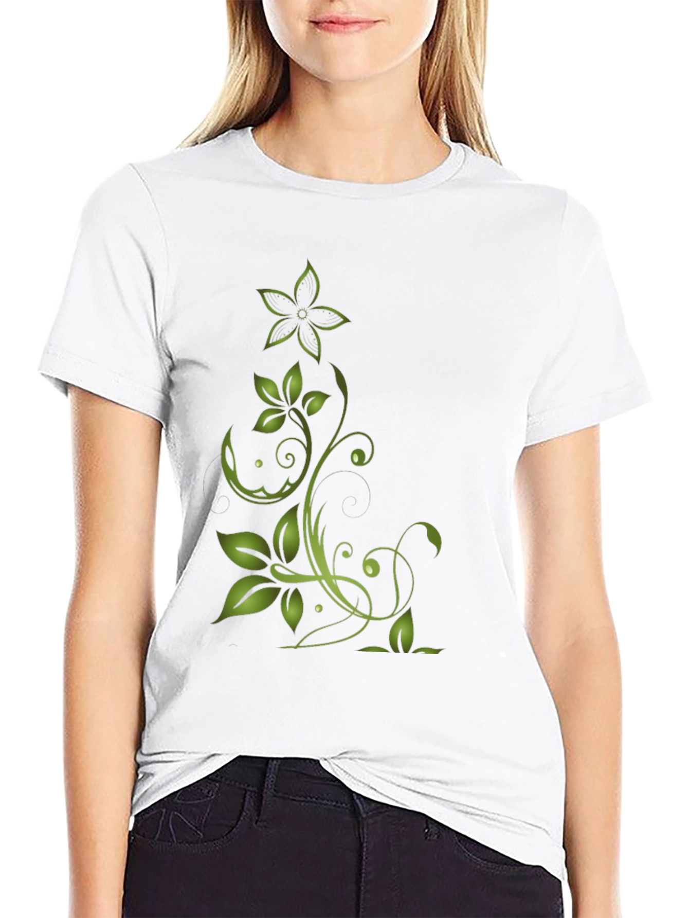 Green Floral Design Black T-Shirt