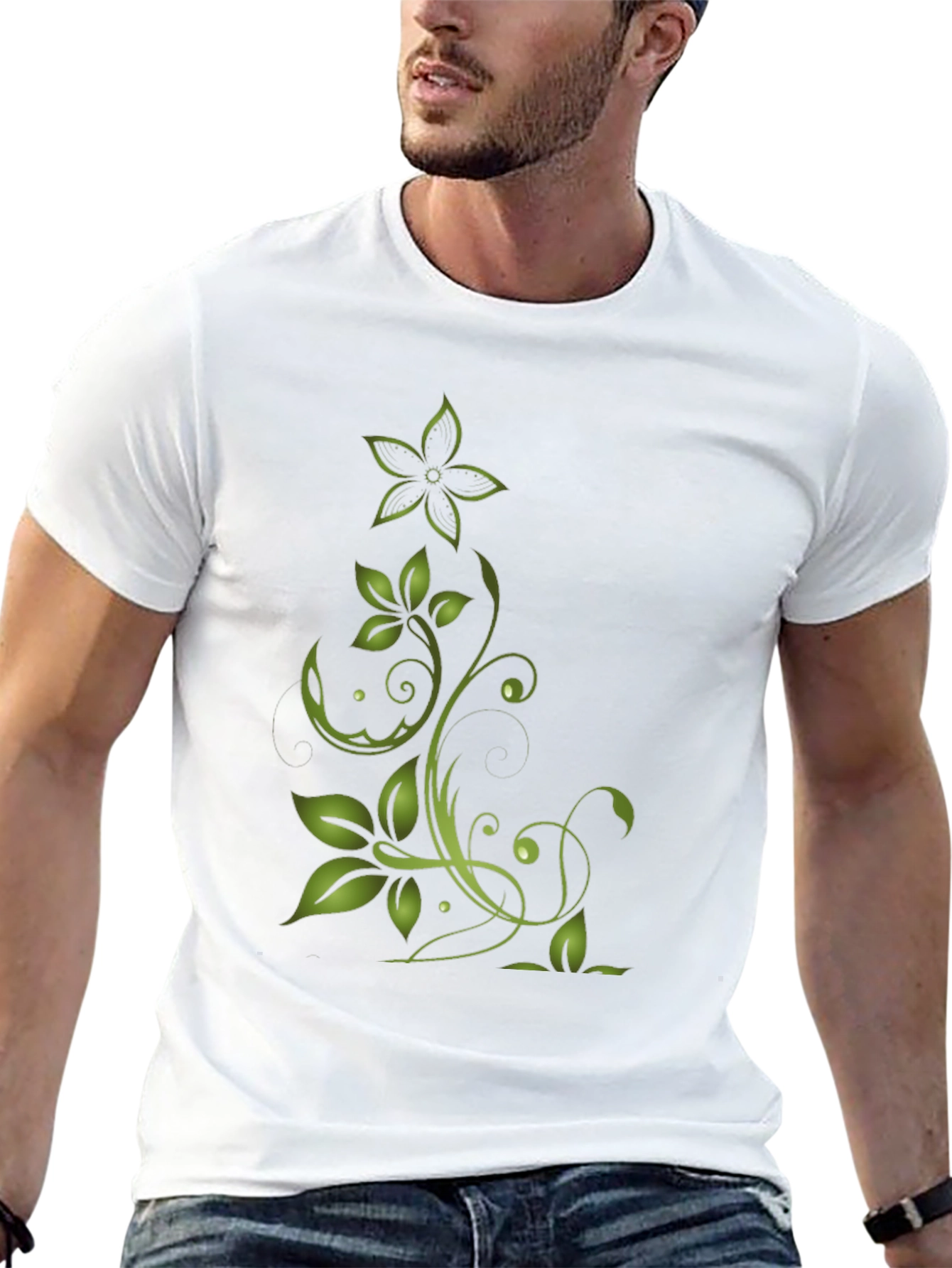 Green Floral Design Black T-Shirt