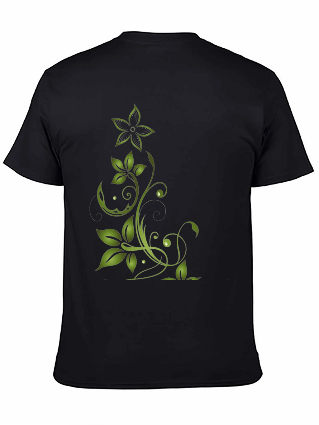 Green Floral Design Black T-Shirt
