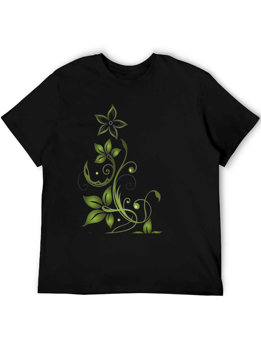 Green Floral Design Black T-Shirt
