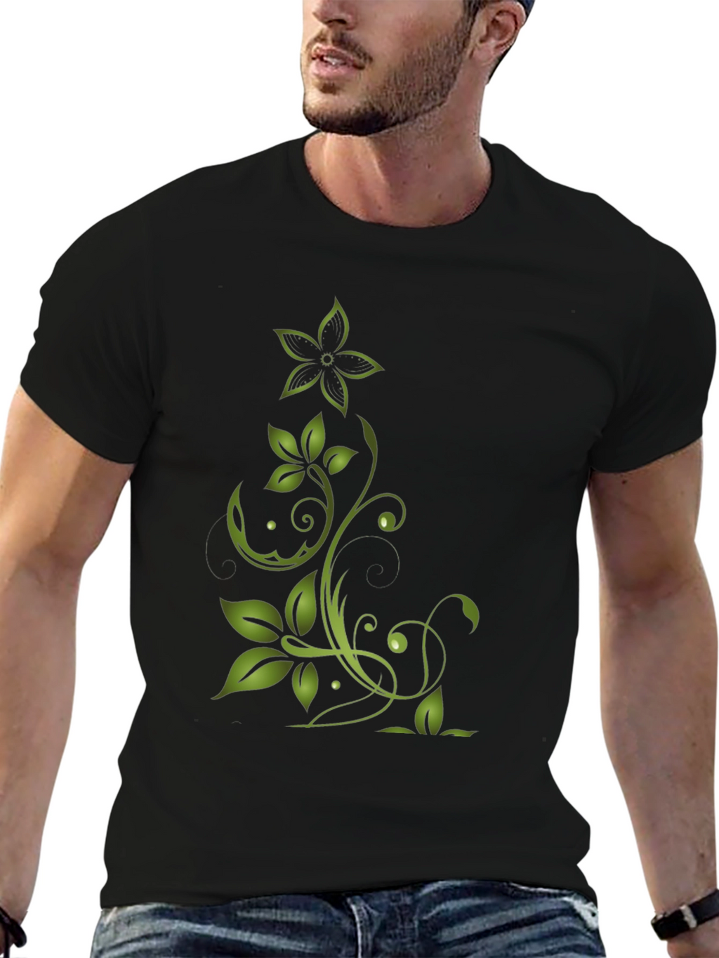 Green Floral Design Black T-Shirt