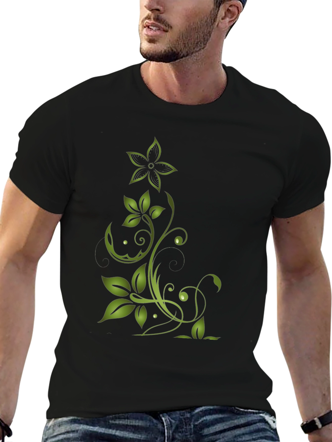 Green Floral Design Black T-Shirt