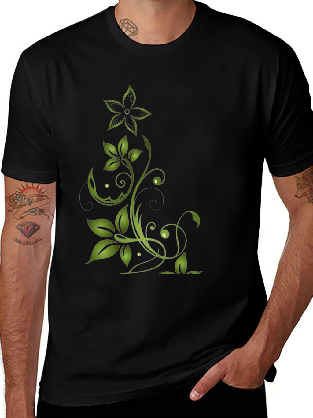 Green Floral Design Black T-Shirt