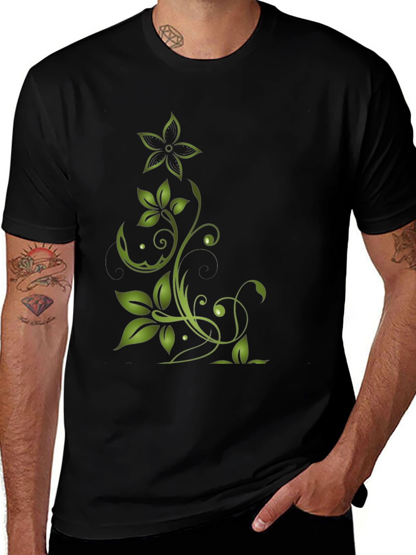Green Floral Design Black T-Shirt