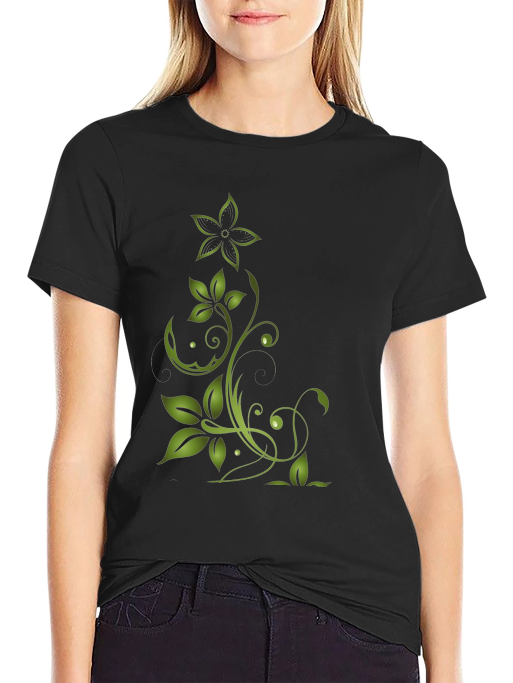 Green Floral Design Black T-Shirt