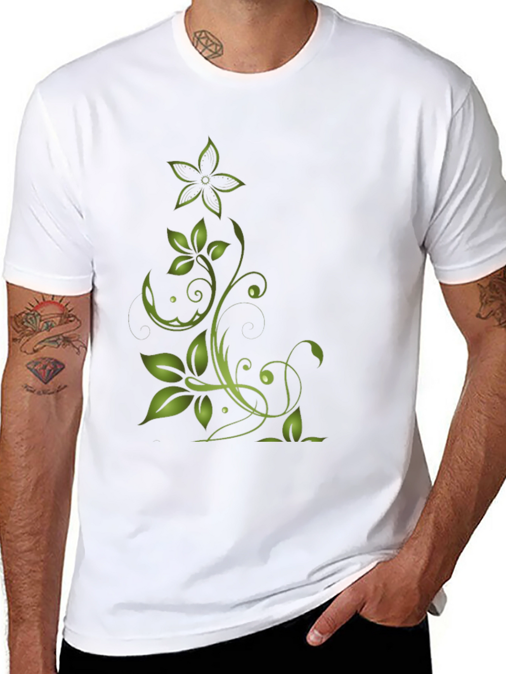 Green Floral Design Black T-Shirt