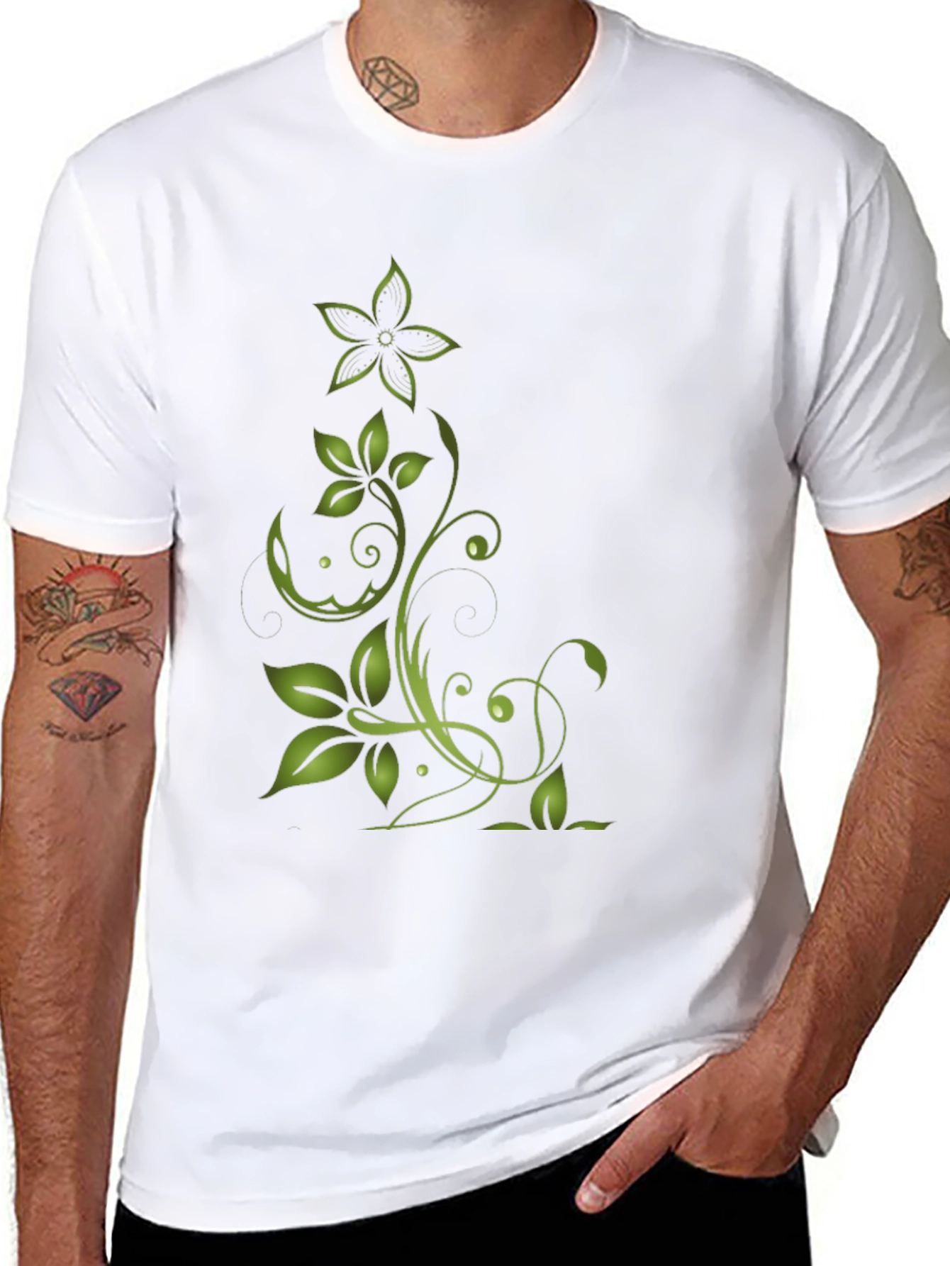 Green Floral Design Black T-Shirt