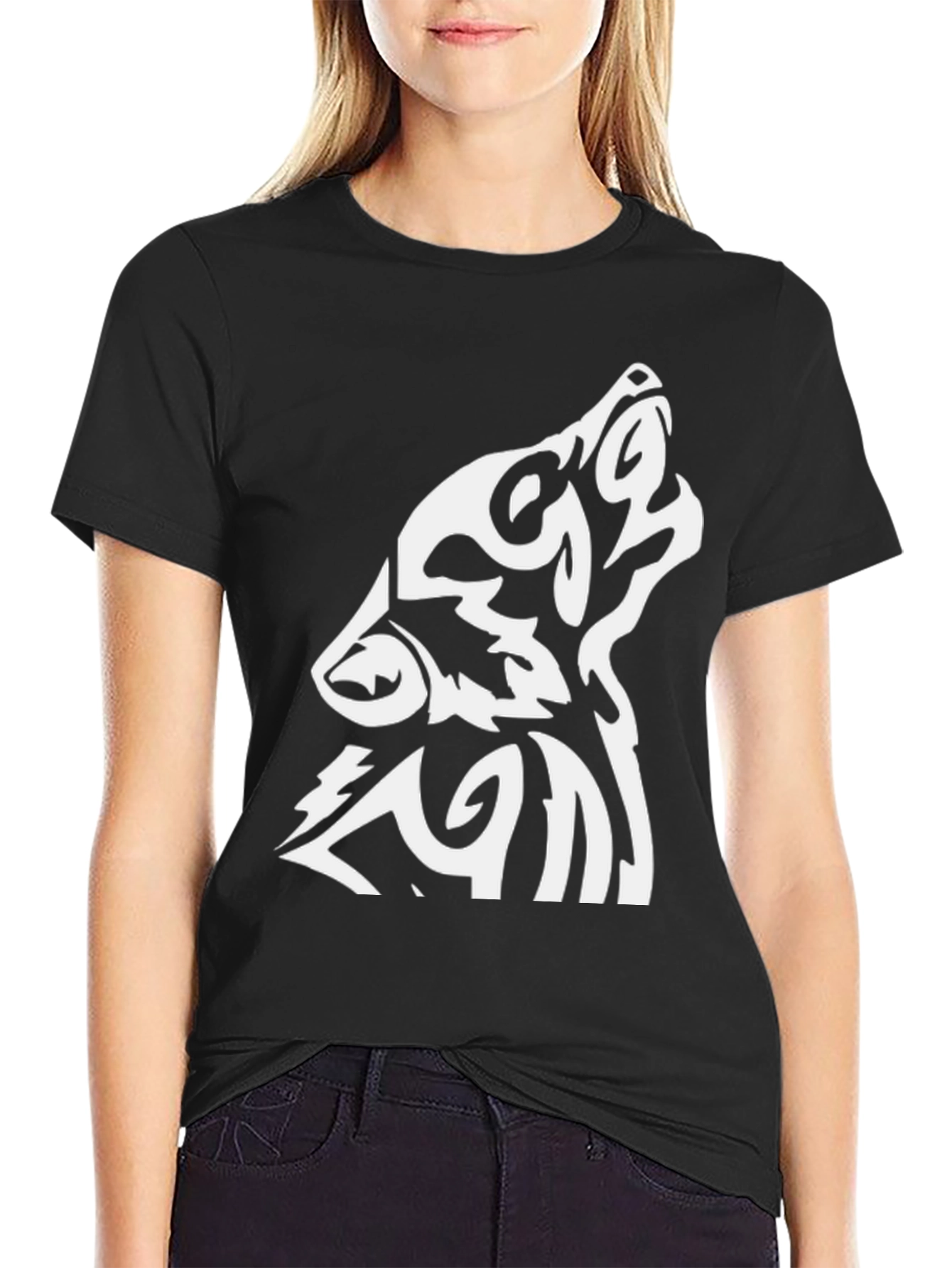 Wolf Tribal Design Black T-Shirt