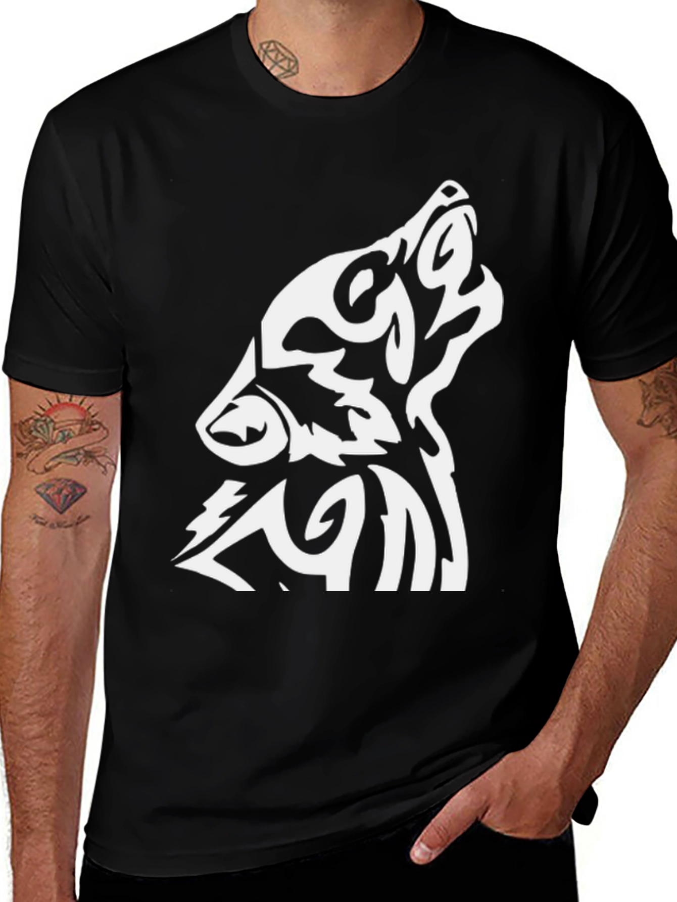 Wolf Tribal Design Black T-Shirt