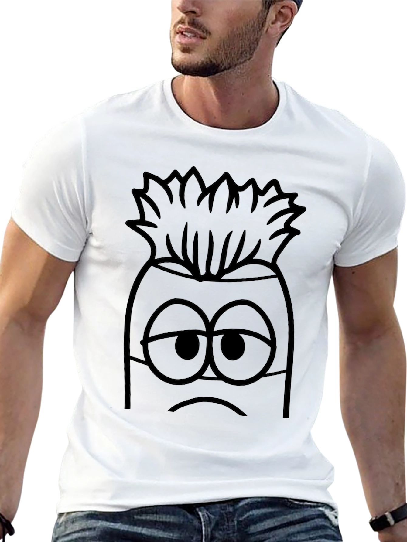 Sad Cartoon Character Graphic Print Black T-Shirt
