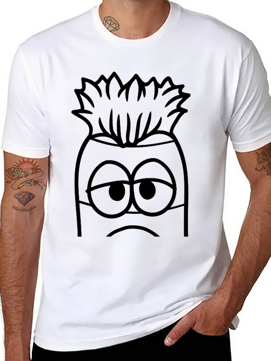 Sad Cartoon Character Graphic Print Black T-Shirt
