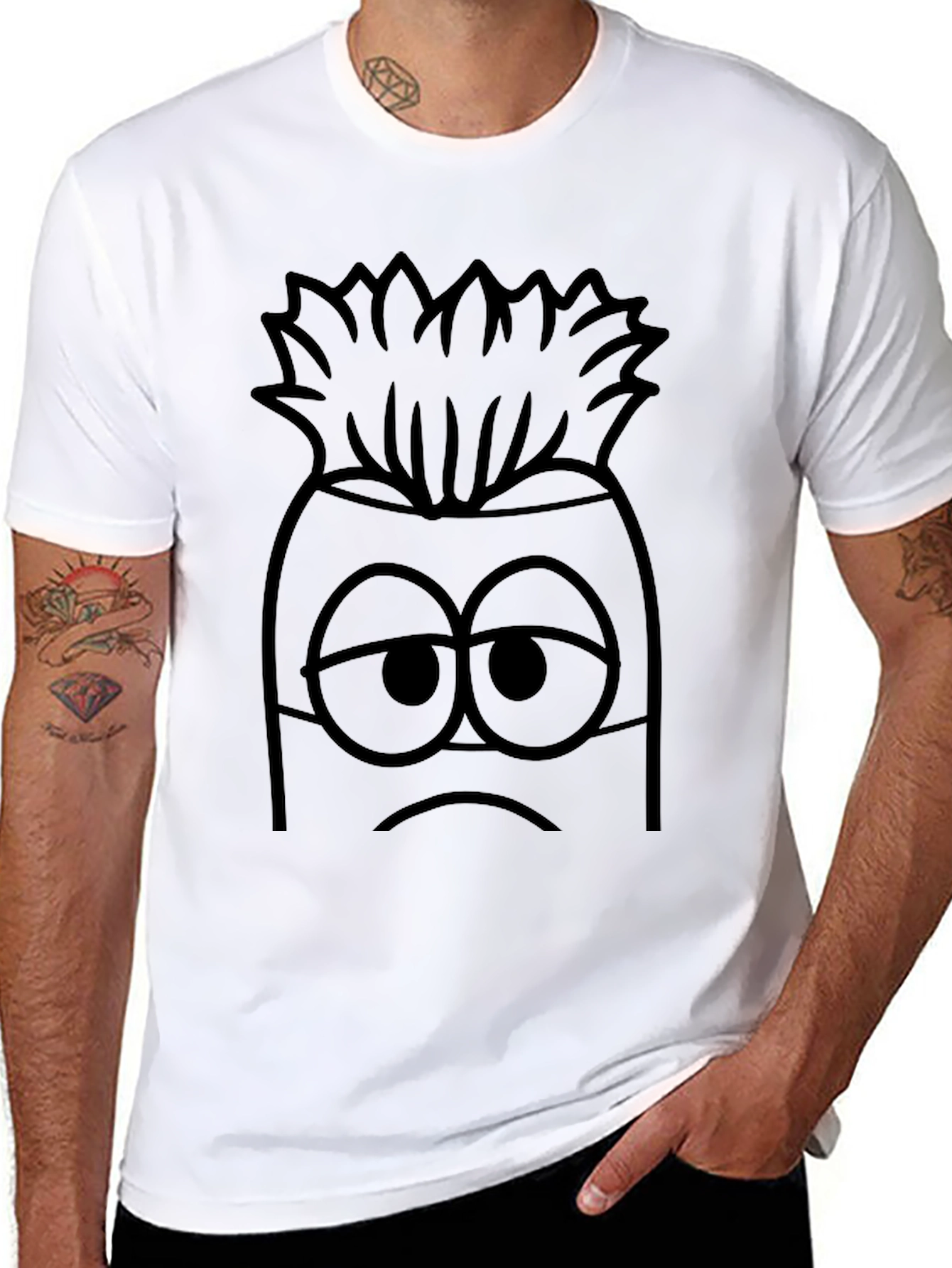 Sad Cartoon Character Graphic Print Black T-Shirt