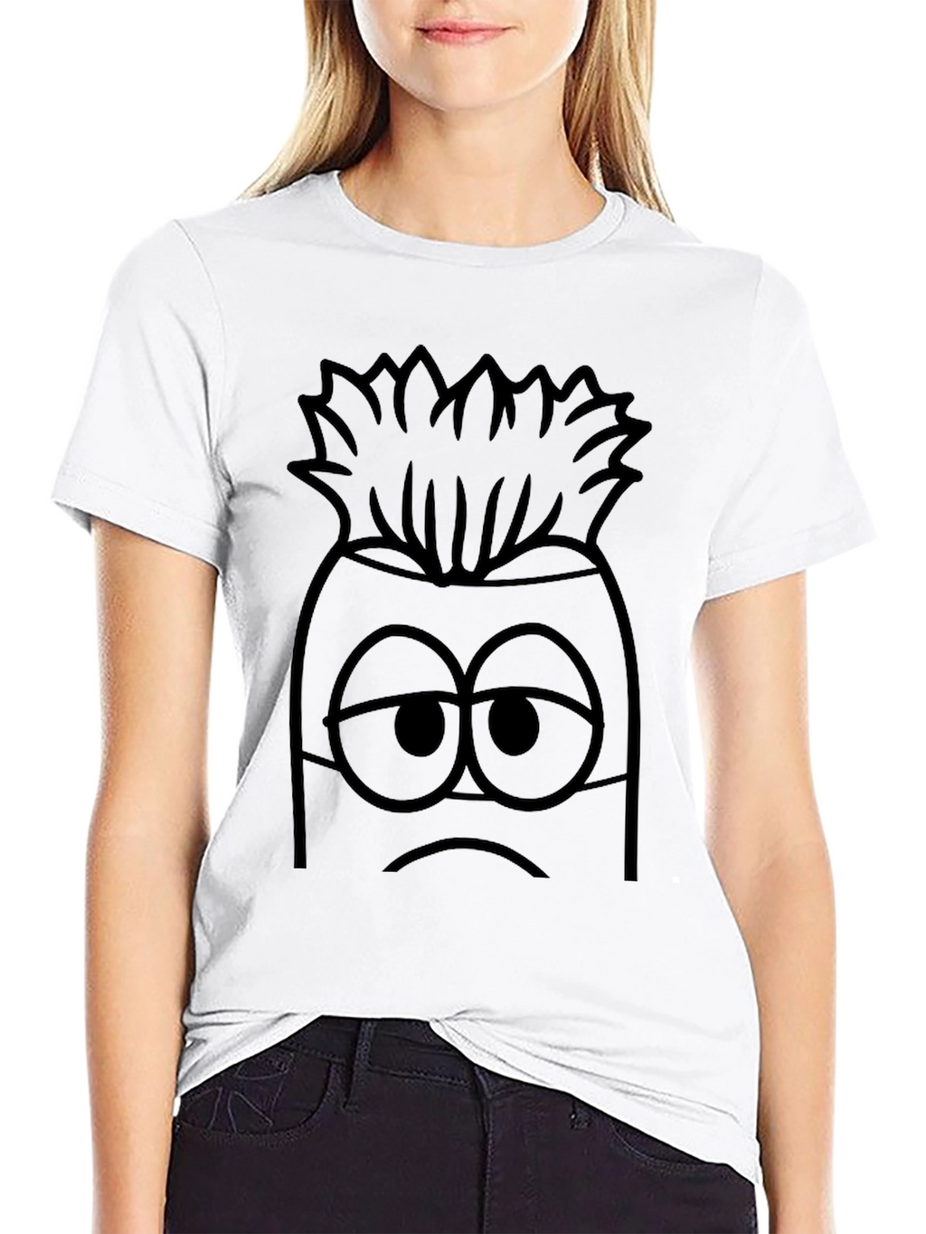 Sad Cartoon Character Graphic Print Black T-Shirt