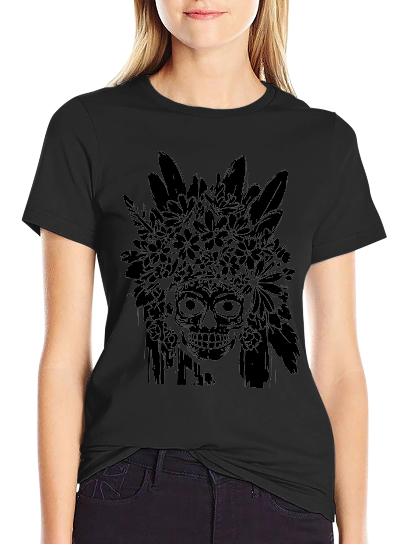 Floral Skull Graphic Tee - Mens Black T-Shirt