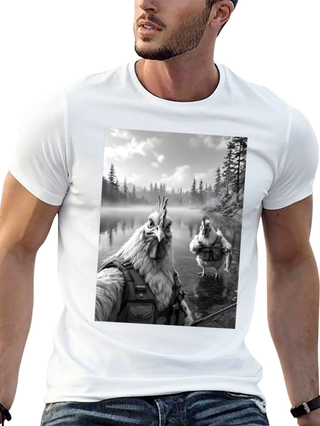 Humorous Chicken Fisherman Graphic Tee