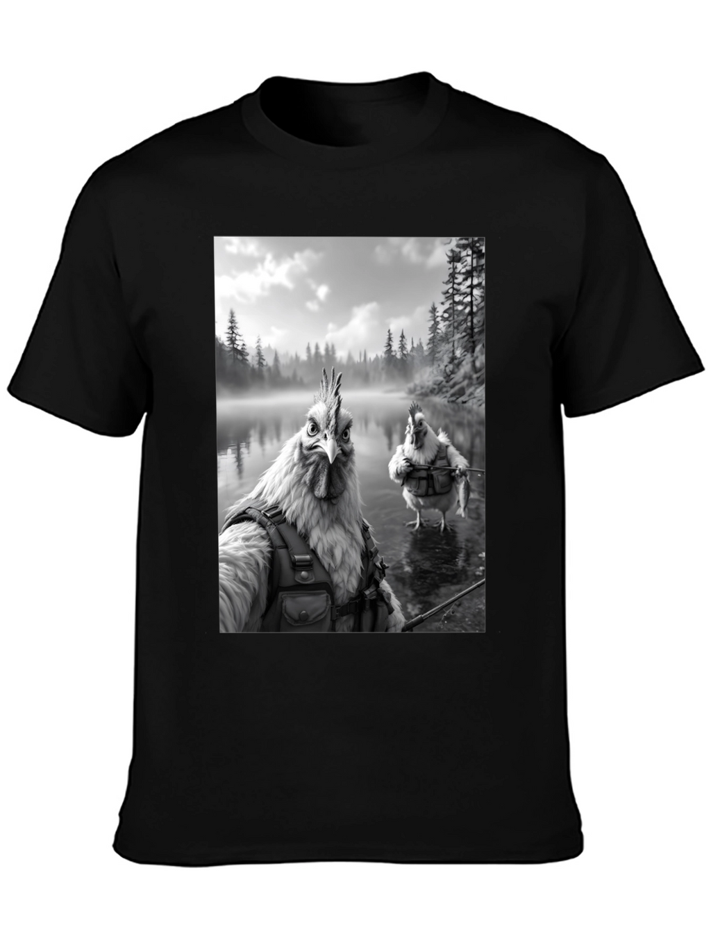 Humorous Chicken Fisherman Graphic Tee