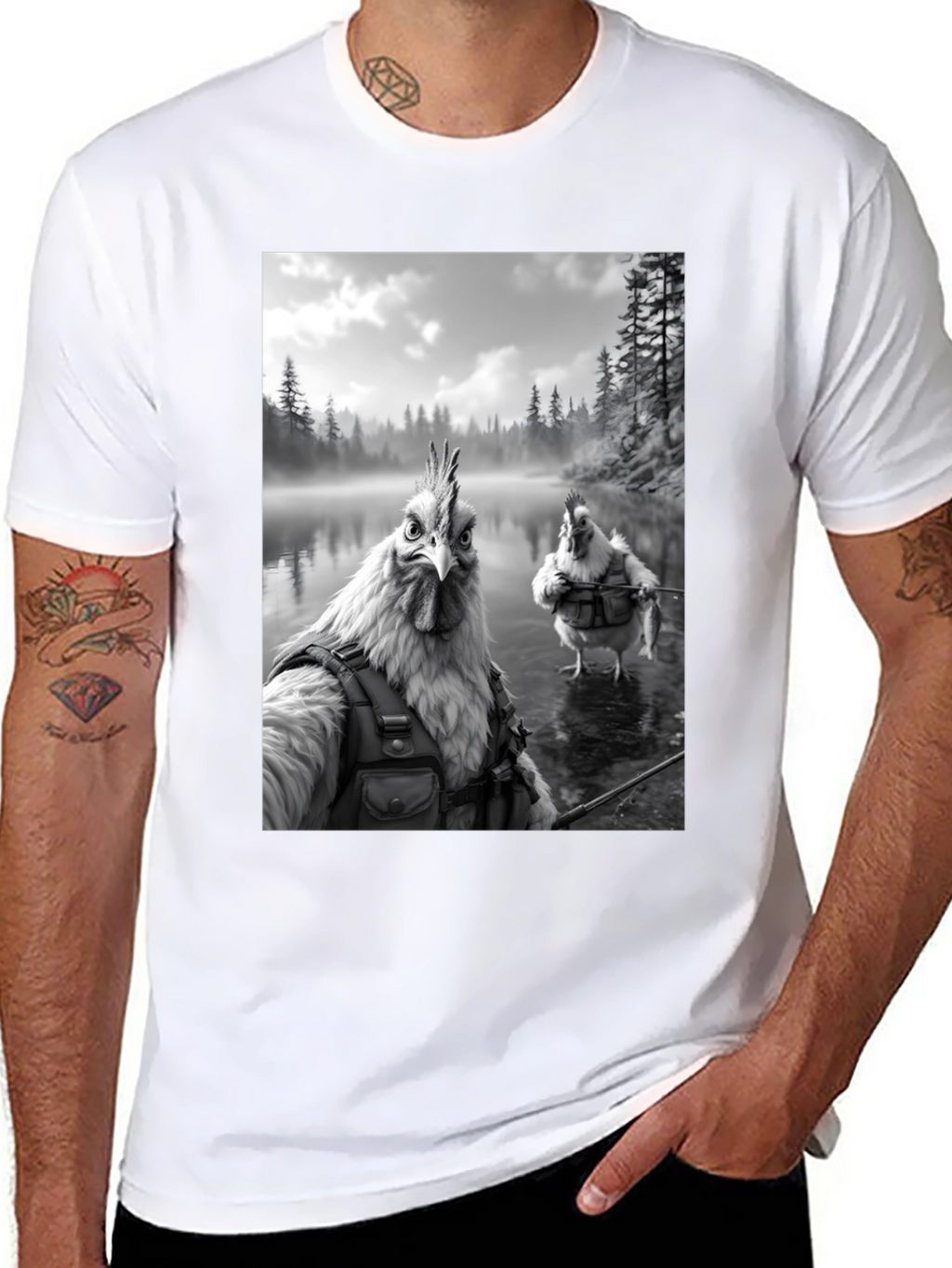 Humorous Chicken Fisherman Graphic Tee