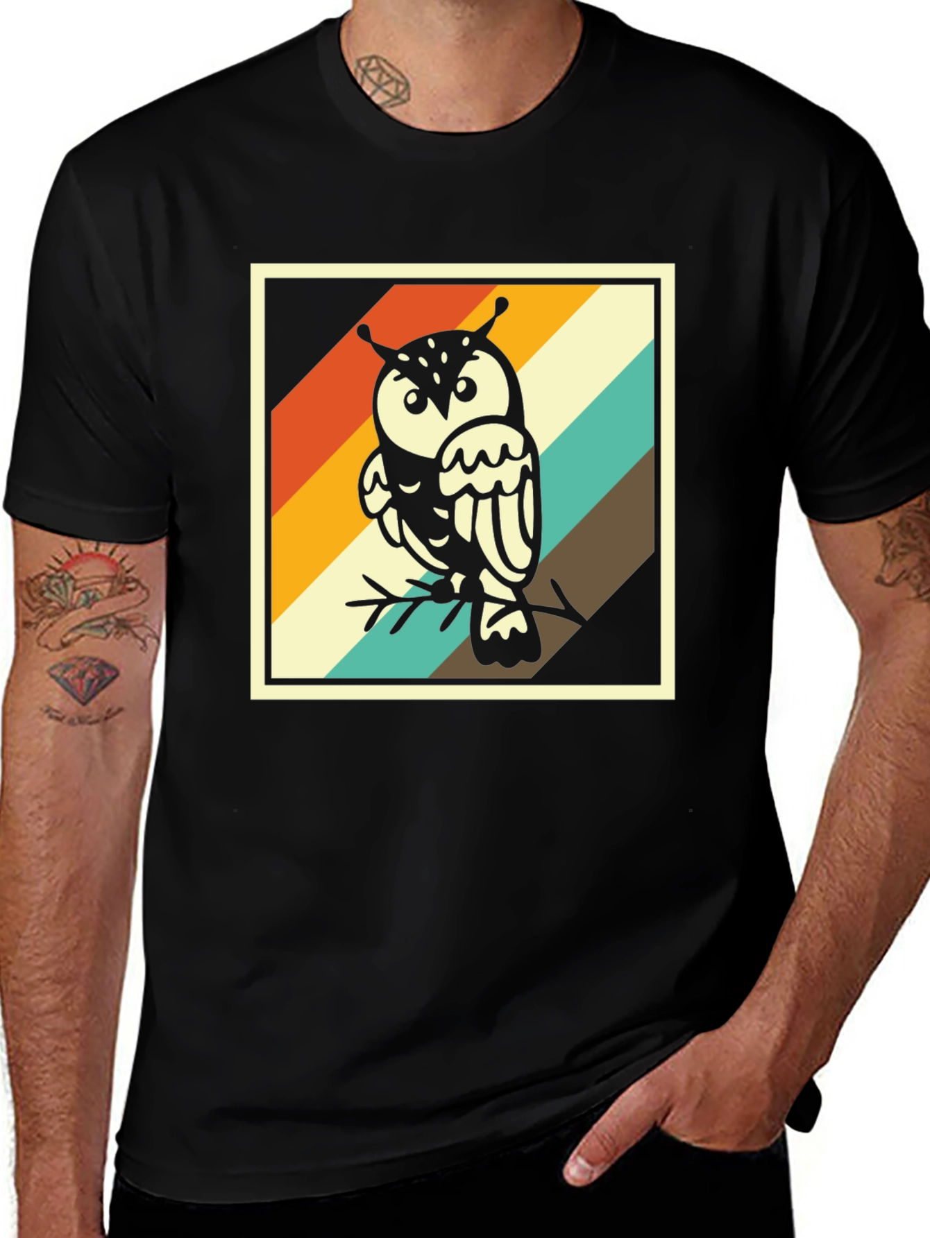 Retro Owl Graphic Tee - Trendy Mens Black T-Shirt